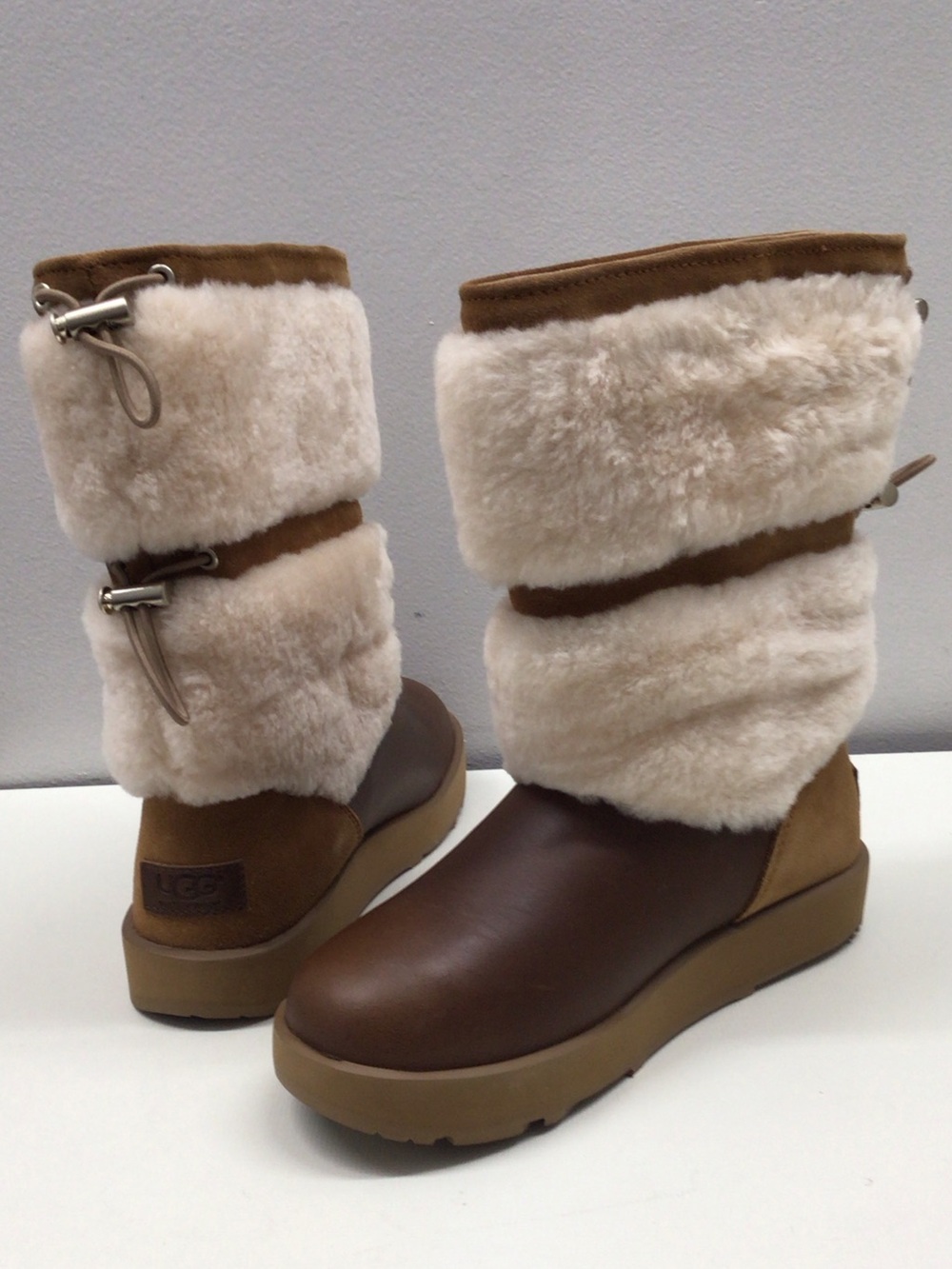UGG Women's Brown Leather and Cream Shearling Mid-Calf Boots